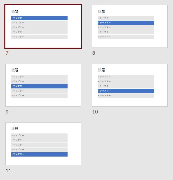 5つの項目に合わせてアジェンダスライドが合計5つ自動で作成された様子