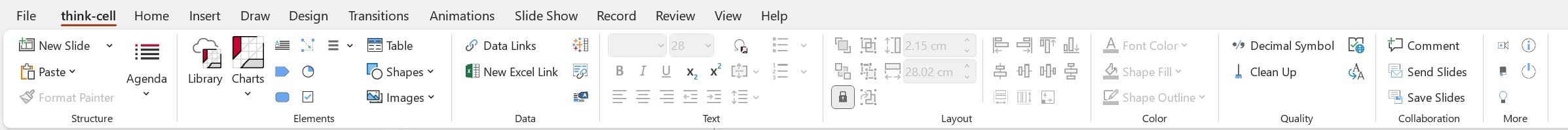 パワポ内に追加される、think-cellタブ