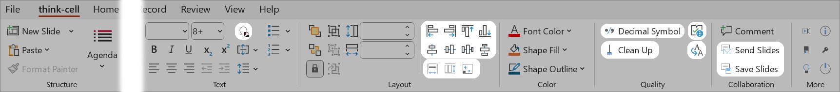 think-cell tab with productivity tools highlighted